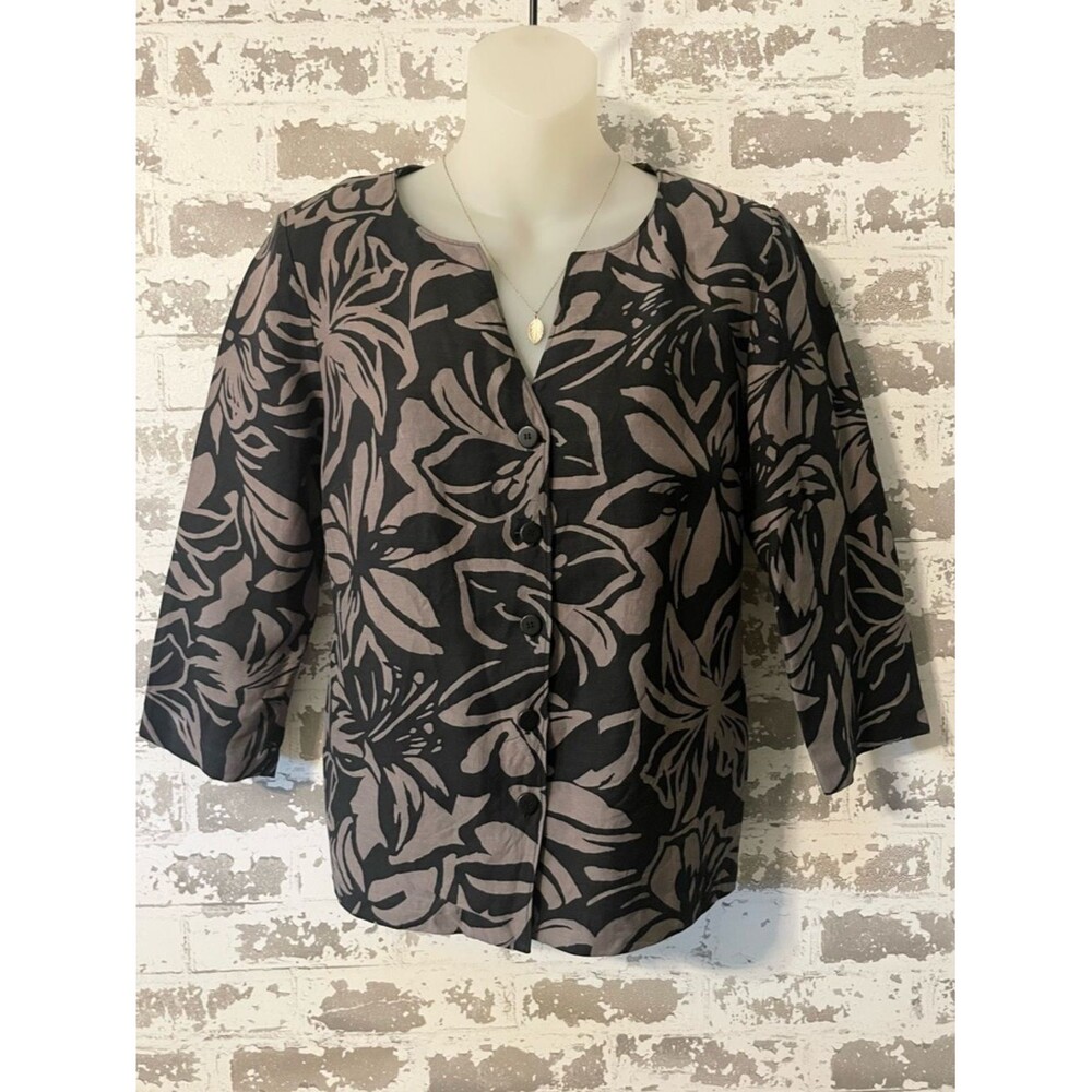 Sigrid Olsen Black Taupe Floral Linen Blend Button Down Blouse Small